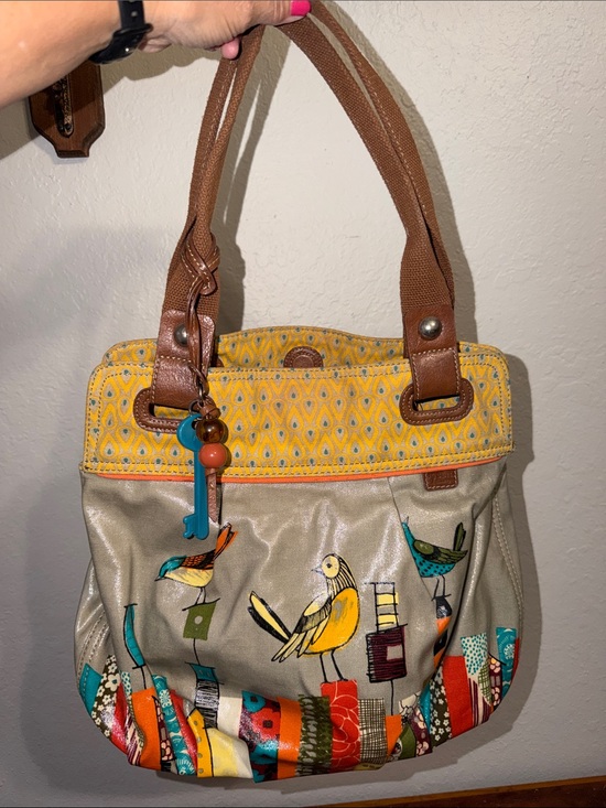 Fossil Handbags - FOSSIL Key-Per Coated Canvas Tote Shoulder Bag Purse City Birds Vacation Cottage